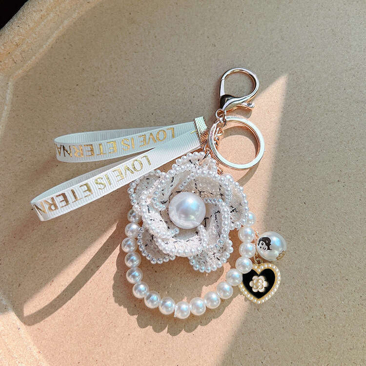 Korean Style Pearl Element Camellia Keychain Bag Pendant Creative Independent Design Product