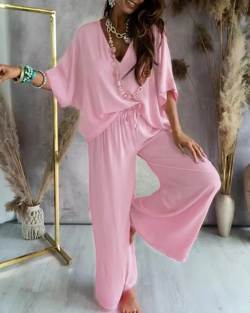 Summer Long Pant Sets Two Piece Set For Women V Neck Bat Sleeve Loose Wide-leg Pants 2 Piece Set Solid Color Casual Outfits 250714