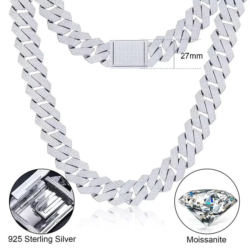Moissanite Hip Hop Iced Out New 27mm 5 Rows Heavy Rhombus Cuban Chains Bling Necklace in 925 Sterling Silver Jewelry for Men