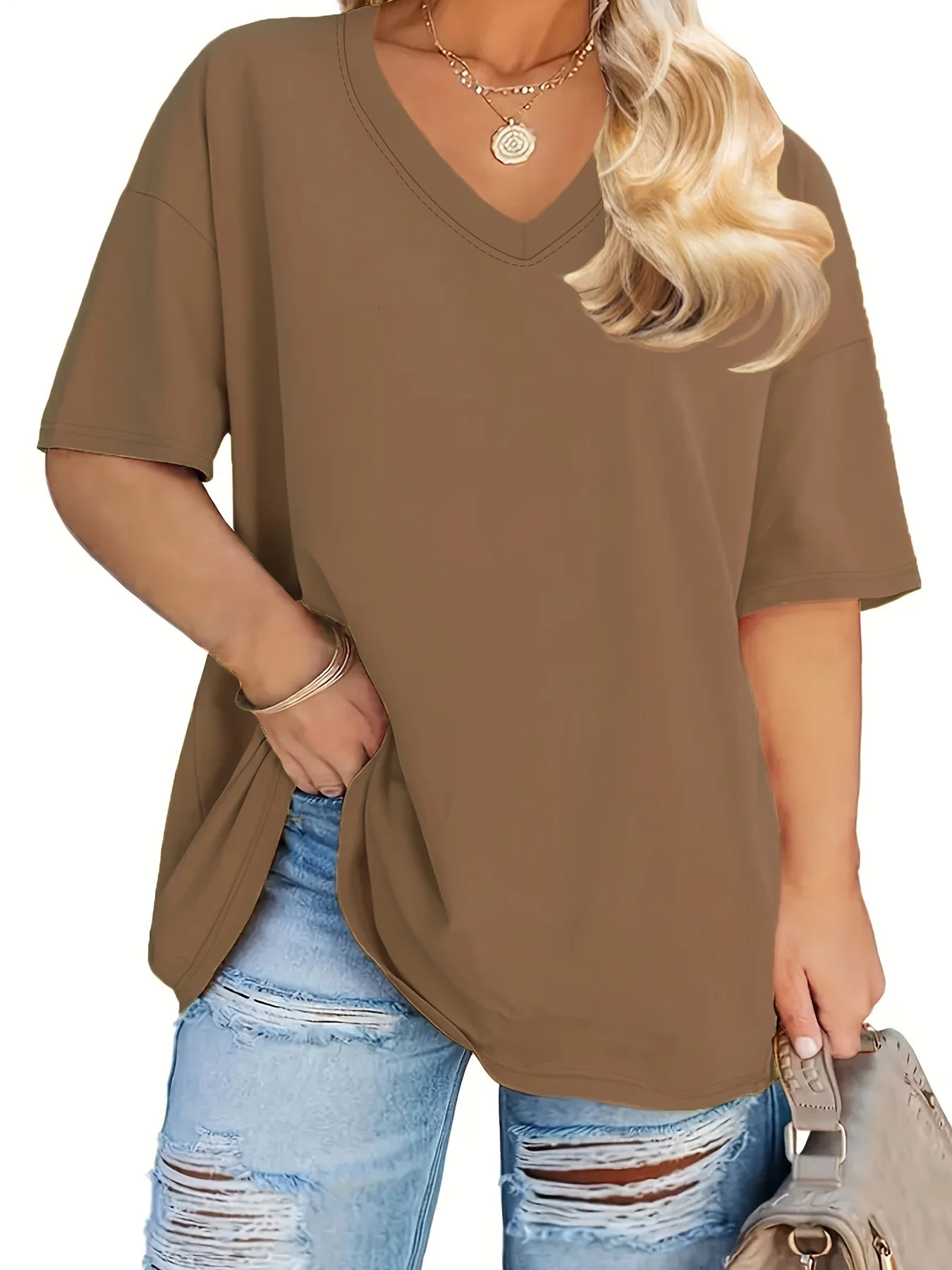 Womens Plus Size V Neck Solid TShirt Summer Female Basic Soft Tee Casual Multicolour Short Sleeved Tops 250707