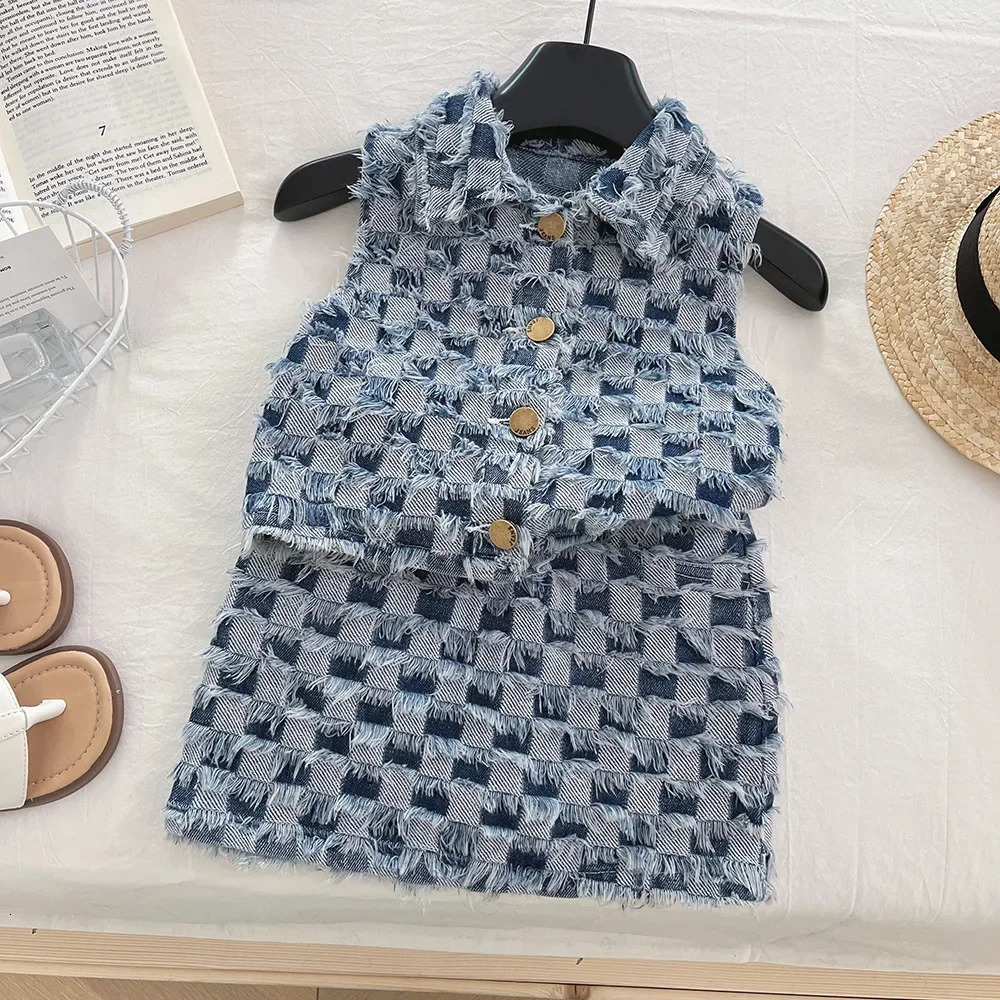 Korean Version Fashion Lapel Single Breasted Checkered Vestshort Skirt Two-piece Set for s Casual Clothes Summer Style 250721