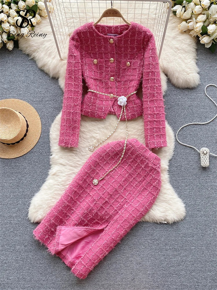 SINGREINY High Quality Plaid Two Pieces Suits Women Gold Button Long Sleeves Short JacketSplit Long Skirt Lace up Autumn Sets 250718