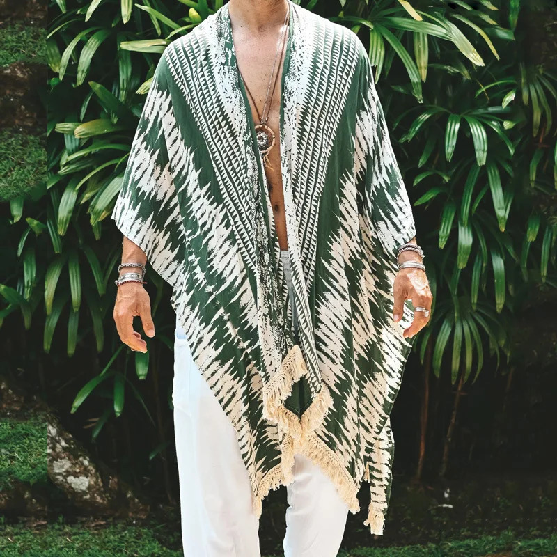 Vintage Pattern Print Trench Coat for Men Casual Loose Tassel Shawl Top Cardigan Summer Hawaiian Beach Sunscreen Cloak Men Capes 250714