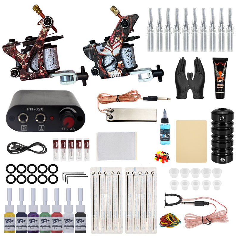 Complete Tattoo Machine Kit Set 2 Coils Guns 6 Colors Black Pigment Sets Power Tattoo Beginner Grips Kits Permanent Makeup