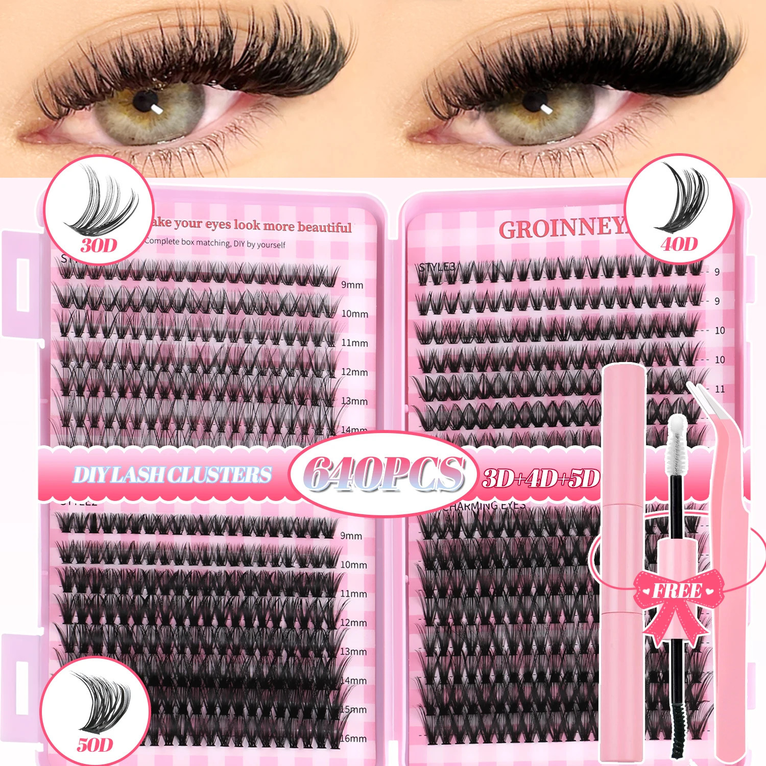 GROINNEYA DIY Lash Clusters Set Mixed Tray Lashes Kit Fluffy Individual with Bond and Seal At Home Makeup 250716
