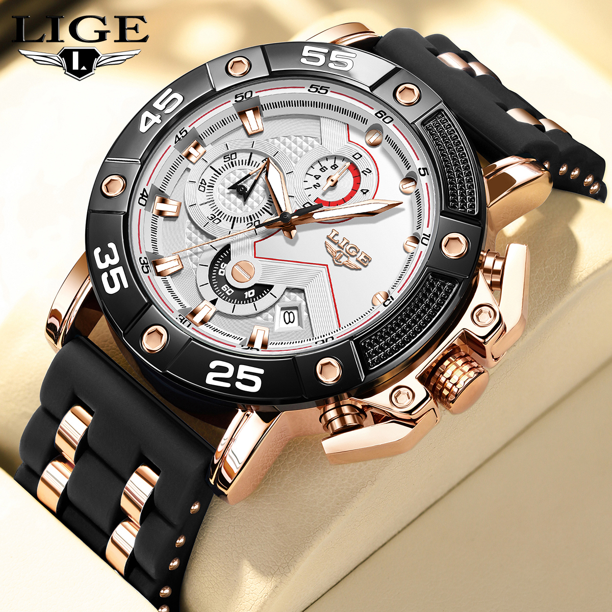 LIGE Men's Watch Fashion Sports Watch (Chronograph/Waterproof/Lightning/Calendar) Silicone Strap Quartz Watch Men's Watch Birthday Gifts