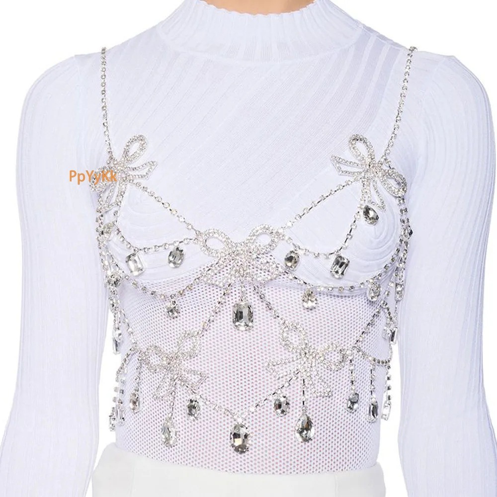 Bowknot Chest Chain for Women Hollow Out Tassel Iced out VVS Moissanite Bling Bling Body Chain High End Dance Party Fashion Accessories