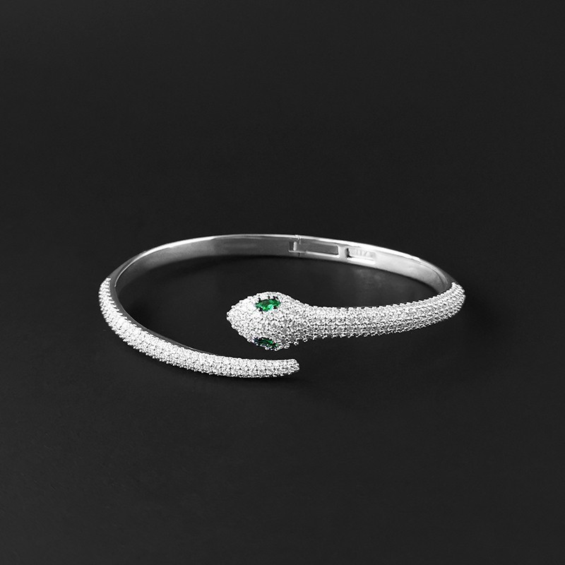 Silver Tone Snake Shaped Cuff Bracelet Pave Crystal Body & Green Gemstone Eyes Edgy Luxurious Party Jewelry And Gift For Her High Quality Stylish Desi