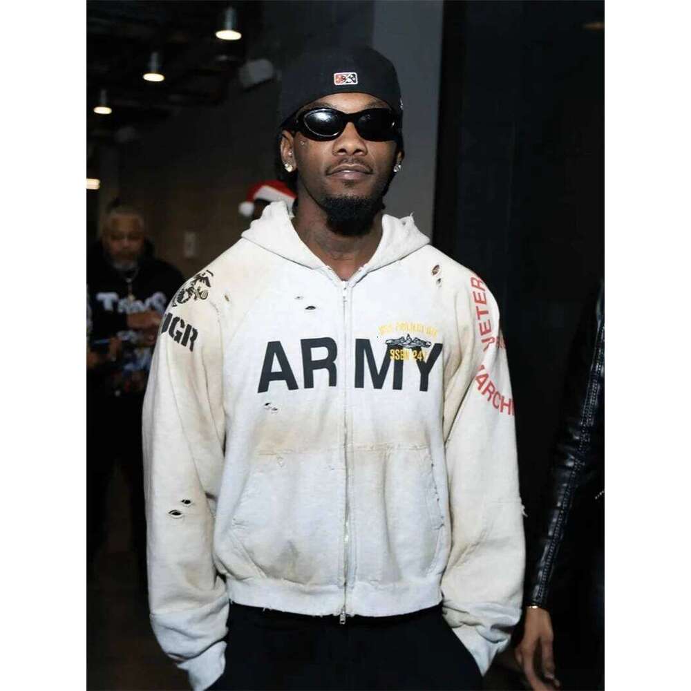 hoodie Stain Fake Two Pieces Project Hole Damage Zip Up Hoodies Men Women Vintage Distress Badge Print Sweatshirts Loose Jacket jacket