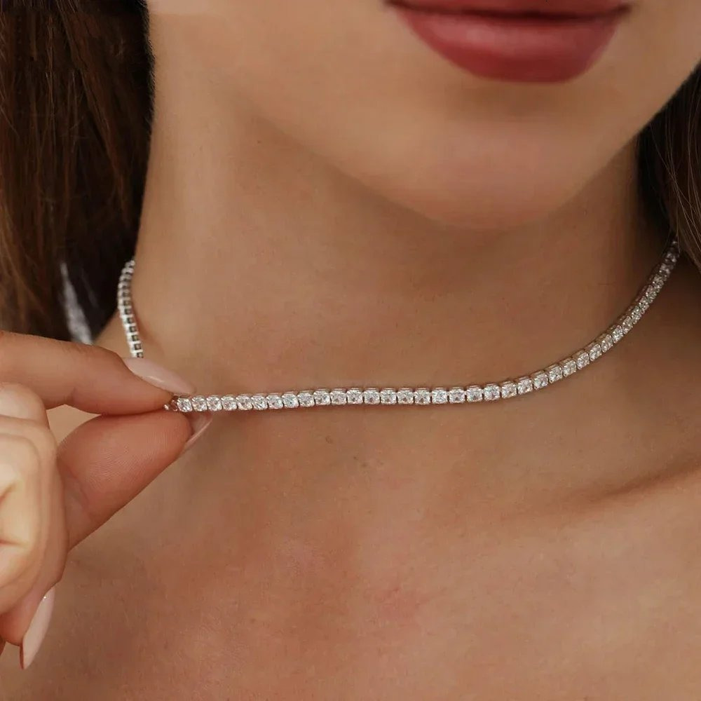 2mm Moissanite Tennis Necklace For Women S925 Silver Plated 18K Gold Sparking Rhinestone Choker Chain Wedding Jewelry Adjustable