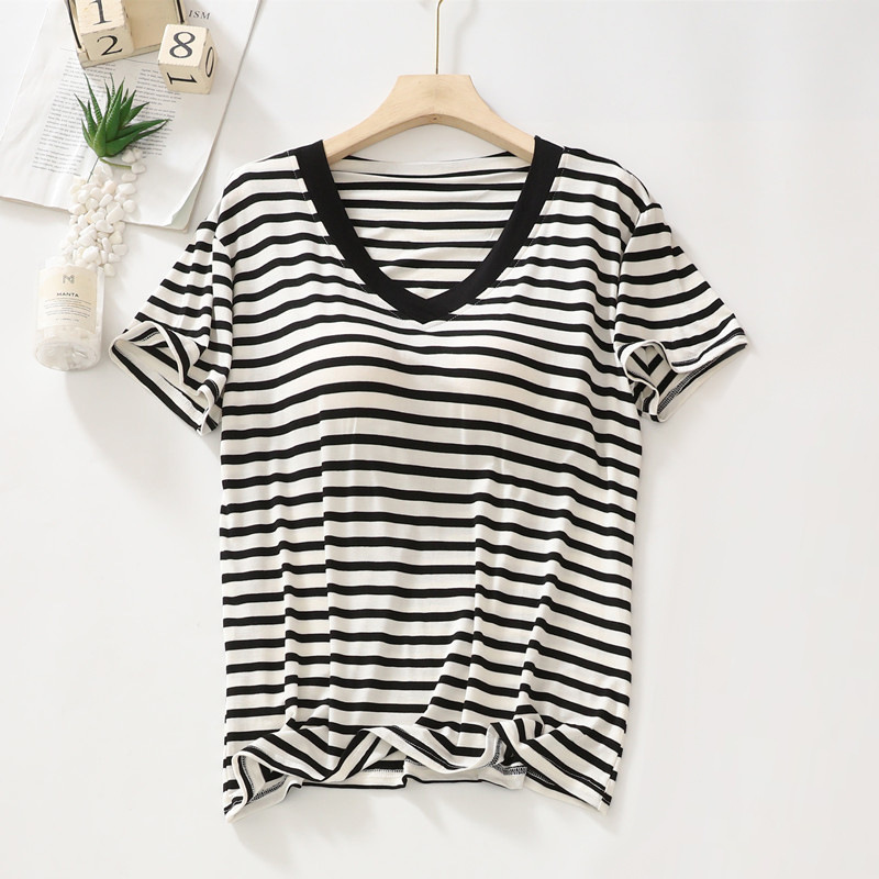 B981-Modal pajamas with chest pads for women summer striped short-sleeved home clothes comfortable loose large size T-shirt tops Korean
