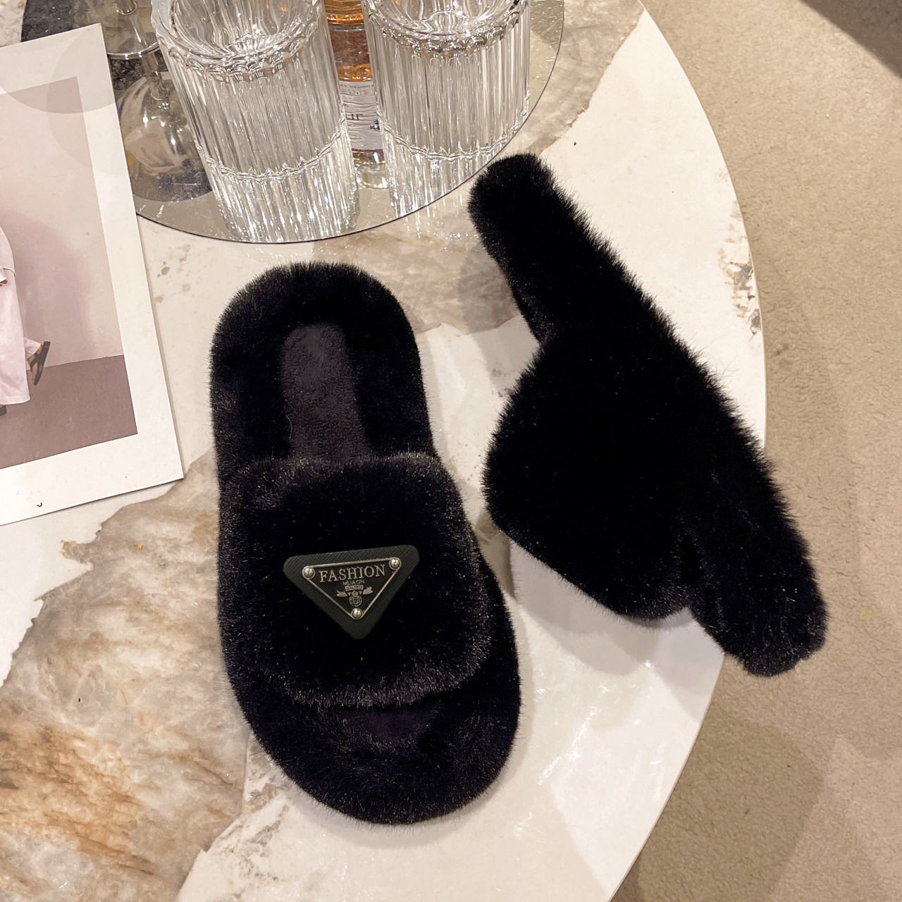 warm cotton slippers height increase slipper Platform Hairy slippers for women wearing fashionable plush for home use