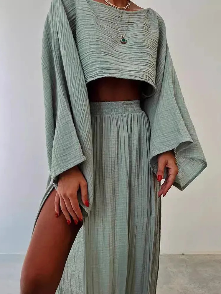 2 Pcs/Set Women Crop Top Skirt Sets Long Sleeve Top High Waist Split Skirts Suit Beach Bikini Coverup Lady Elegant Party Outfit 250714