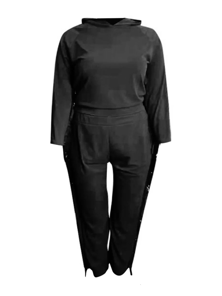 4Xl 5XL LW Plus Size Autumn Winter Hooded Collar Tassel Long Sleeve Casual Daily Regular Round Neck Pants Set For Women 250714