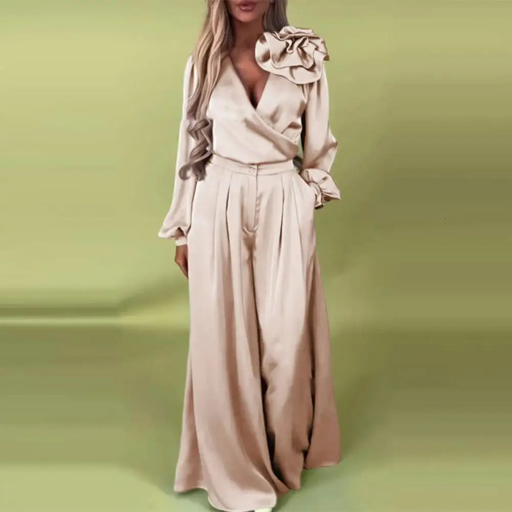 2 Pcs/Set Women Top Pants Suit 3D Flower Decor Satin V Neck Long Sleeve Blouse High Waist Wide Leg Loose Trousers With Pockets 250714