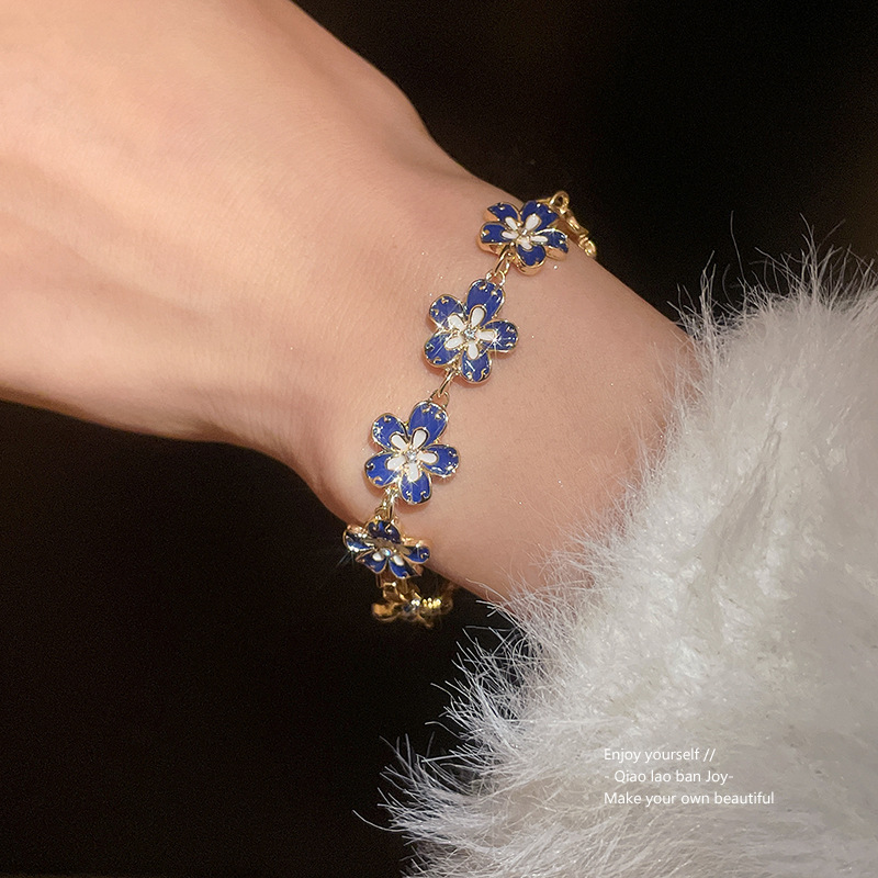 Gold - Tone Blue Flower - Shaped Bracelet With Enamel And Crystal Accents Elegant Party Jewelry And Gift For Her High Quality And Charming Jewelry