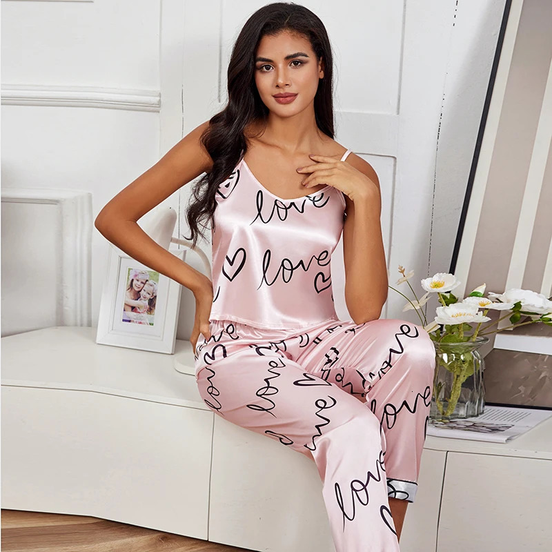 Women Satin Silk Pajamas Sets Letter Print Cami Vest Shirt With Trouser Sleepwear Ladie Sexy Pajama Lingerie Pyjamas Nightwear 250717
