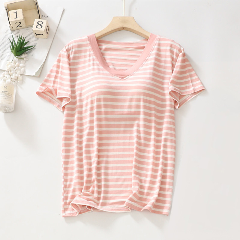 B981-Modal pajamas with chest pads for women summer striped short-sleeved home clothes comfortable loose large size T-shirt tops Korean