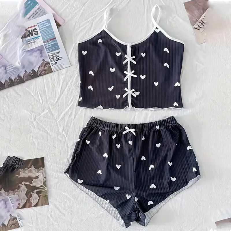 Womens Suspender Pajamas with HeartShaped Print TwoPiece Set Summer Comfortable Home Wear Sexy Casual 250717