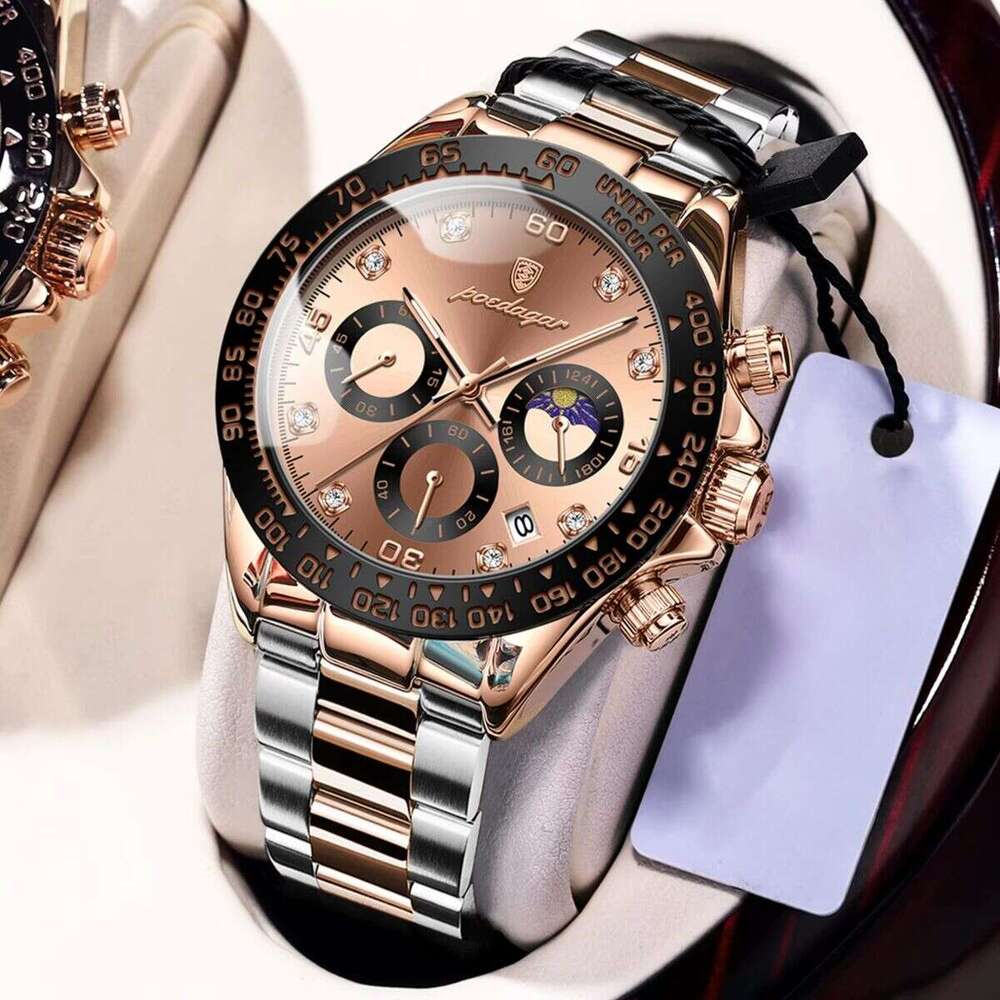 DHwatches Men's Luxury Multifunction Watch - Rose Gold Stainless Steel, Moon Phase, Chronograph, 50M Waterproof, Luminous Quartz Watch