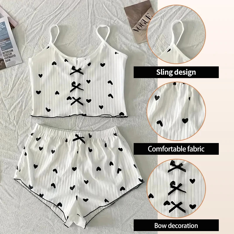 Womens Suspender Pajamas with HeartShaped Print TwoPiece Set Summer Comfortable Home Wear Sexy Casual 250717