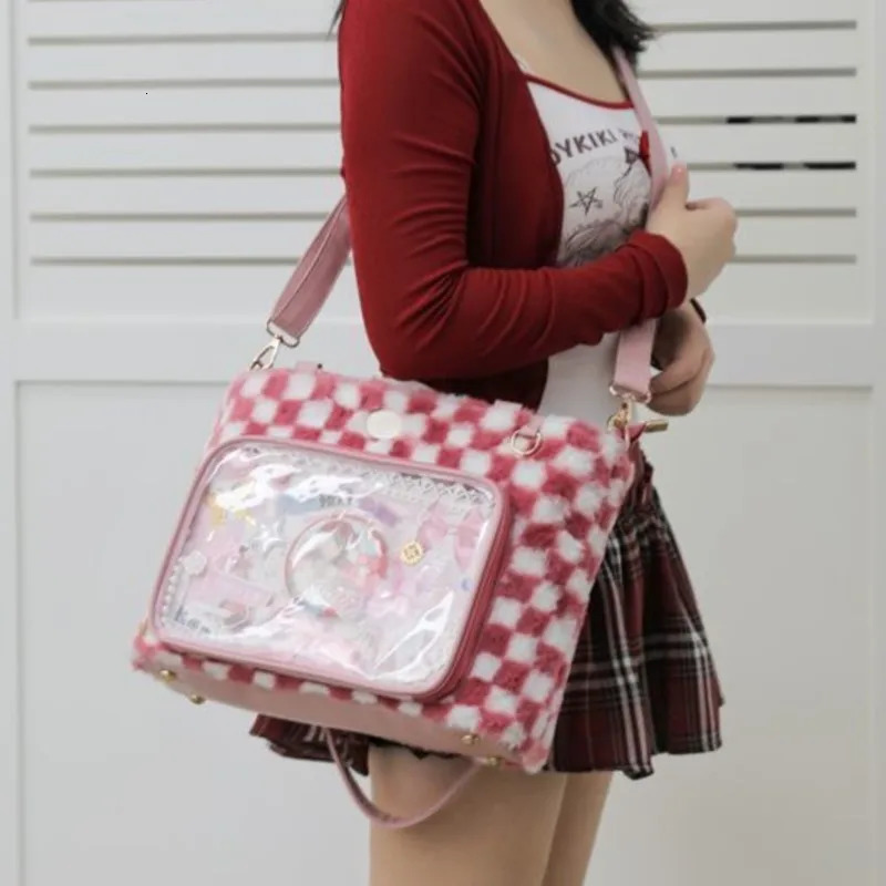 Transparent Plaid Red Ita Bag Handbag Women Sweet Cute Plush Soft Casual Crossbody Bags Female Autumn Large Capacity Ita Bag 250717