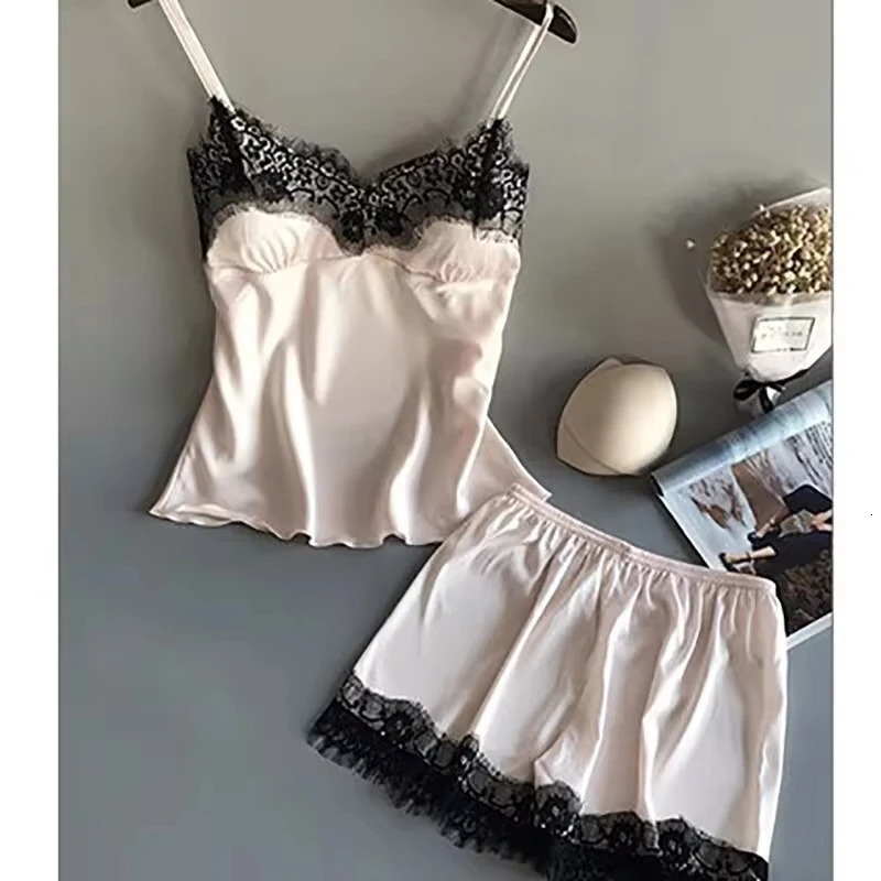Women Pajama Suit Fashion VNeck Stretch Satin Babydoll Lace Sexy Lingerie Bowknot Pyjamas Sleep Shorts Set Sleepwear 250717