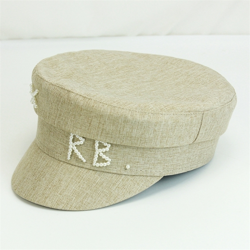 Women Pearls R B Letter Militray Hat Adjustable Flat Top sboy Caps Fashion Female Navy Hat Casual 250717