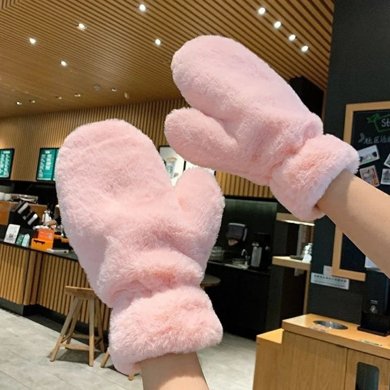 Elegant Thick Plush Soft Winter Fingerless Gloves Women Warm Fur Mittens Cold Protection Velvet Lining Outdoor Fluffy Gloves 250717