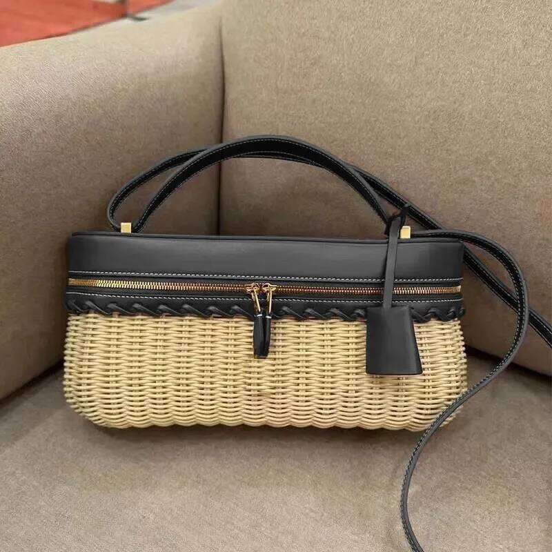Fashion Woven Rattan Box PU Leather Shoulder Handbag Long Tote Vacation Holiday Shopping Commuting Bag