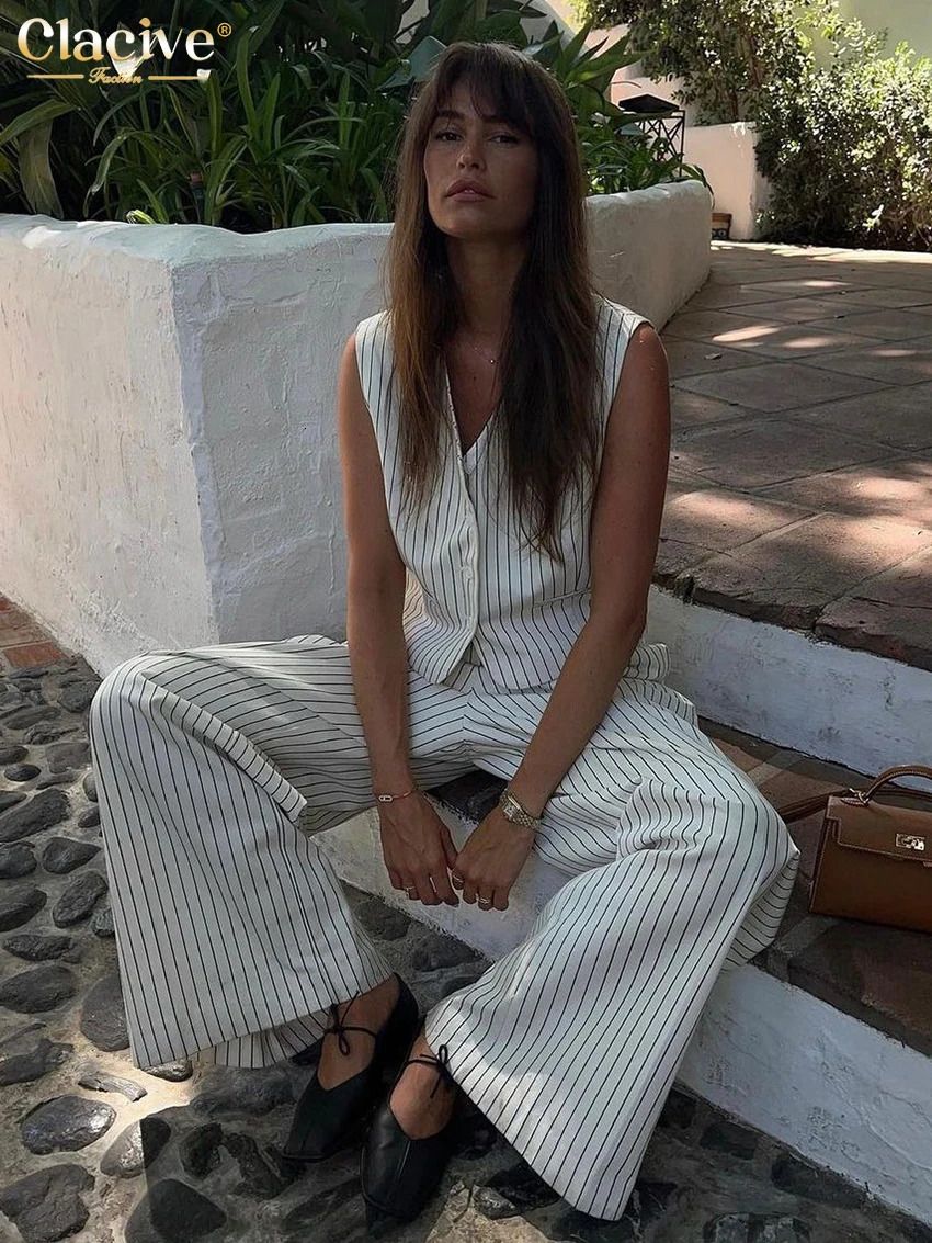 Clacive Fashion Loose Stripe Print Pants Sets For Women 2 Pieces Elegant Sleeveless Tank Top With High Waist Wide Trousers Suits 250714