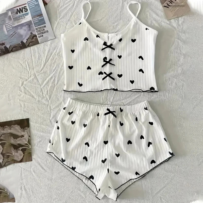 Womens Suspender Pajamas with HeartShaped Print TwoPiece Set Summer Comfortable Home Wear Sexy Casual 250717