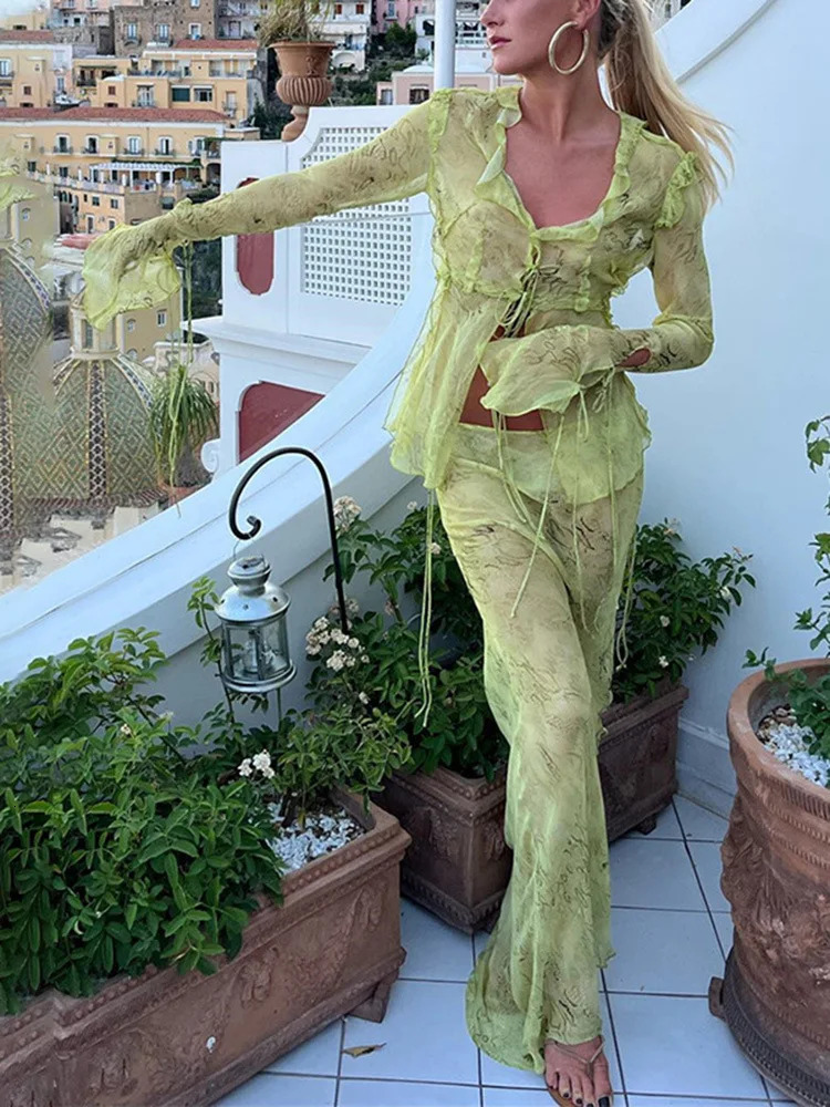 Sexy Chiffon Elegant V Neck Printed Beach Cardigan Shirt Long Maxi Skirt Women Two Piece Set Bandage Ruffles Thin Matching Suit 250714