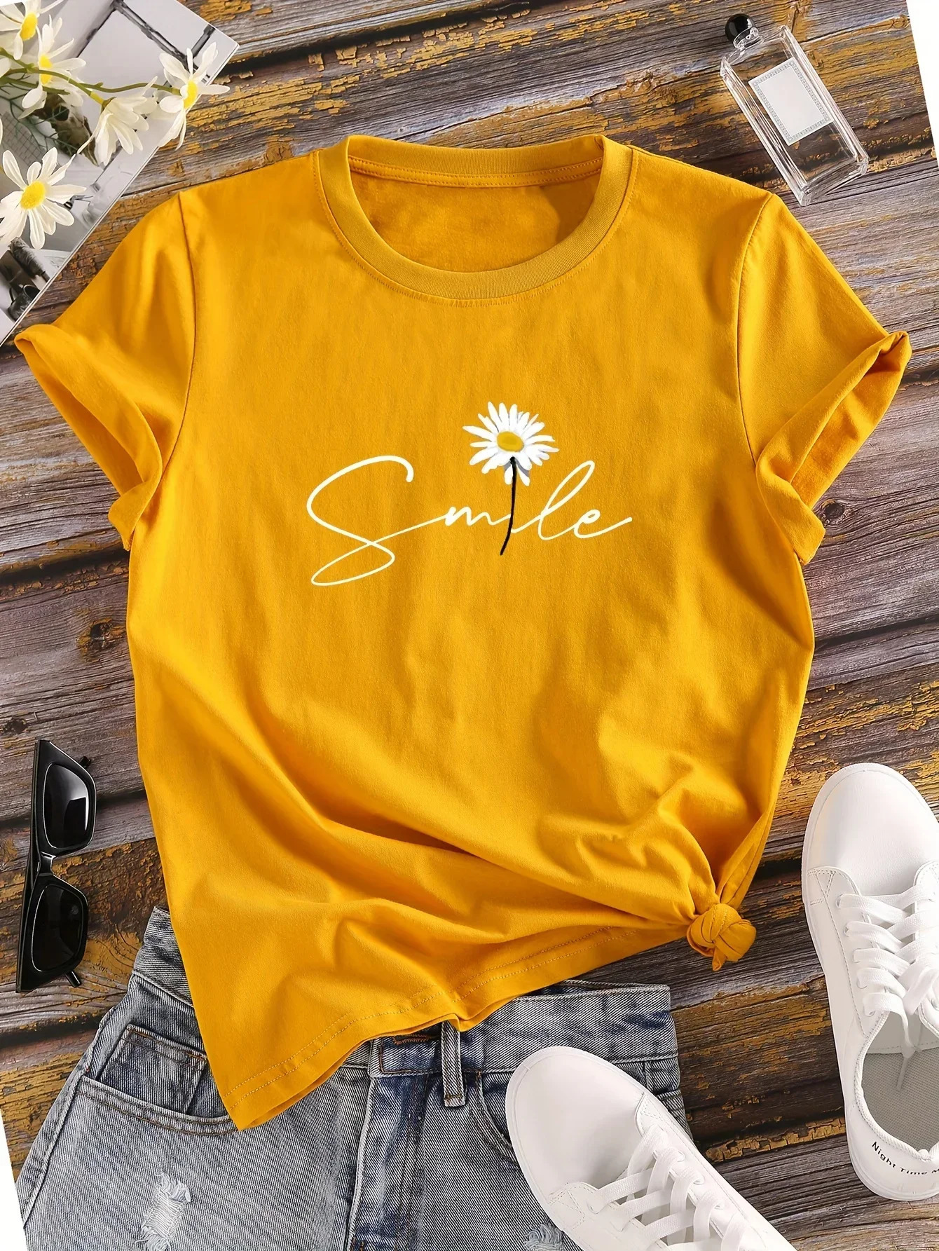 Flower Letter Print Crew Neck TShirt Casual Short Sleeve for Summer Womens Clothing Comfortable Soft Creative Tops 250707