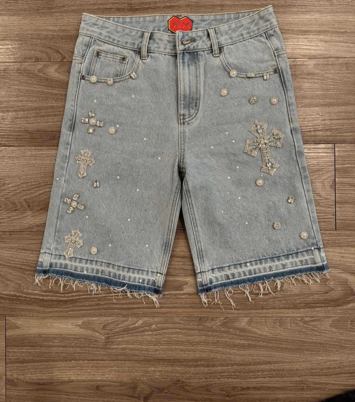 Men's Shorts Gothic Rhinestone Cross Embroidery Viral Denim Jorts Vintage American Trend Gym Men Women Street Hip Hop Jean Short