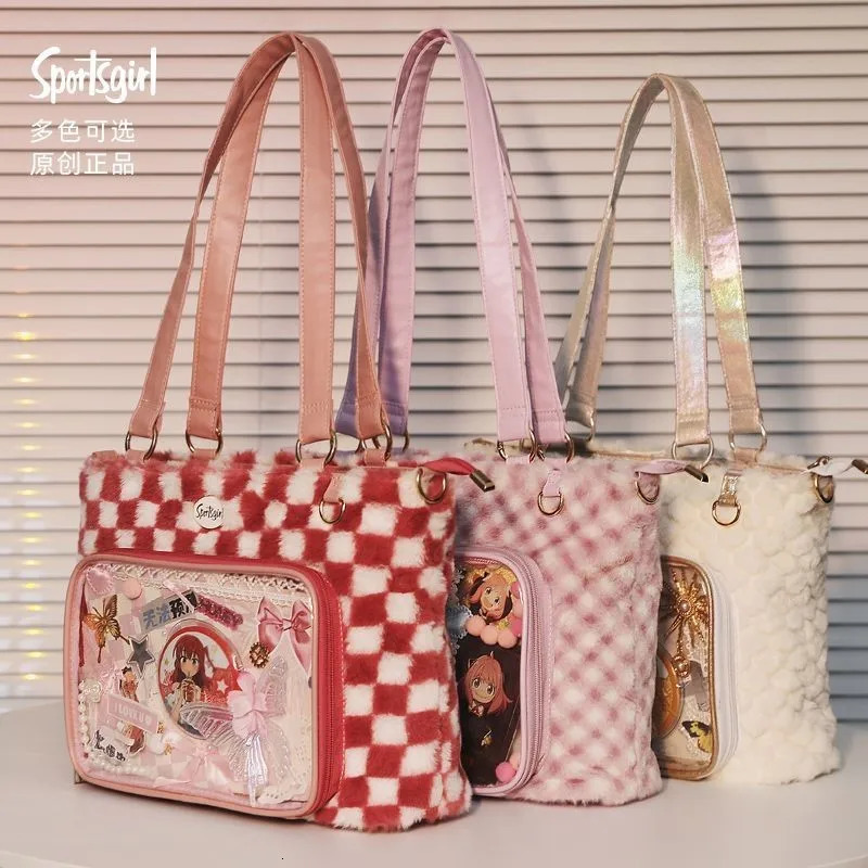 Transparent Plaid Red Ita Bag Handbag Women Sweet Cute Plush Soft Casual Crossbody Bags Female Autumn Large Capacity Ita Bag 250717