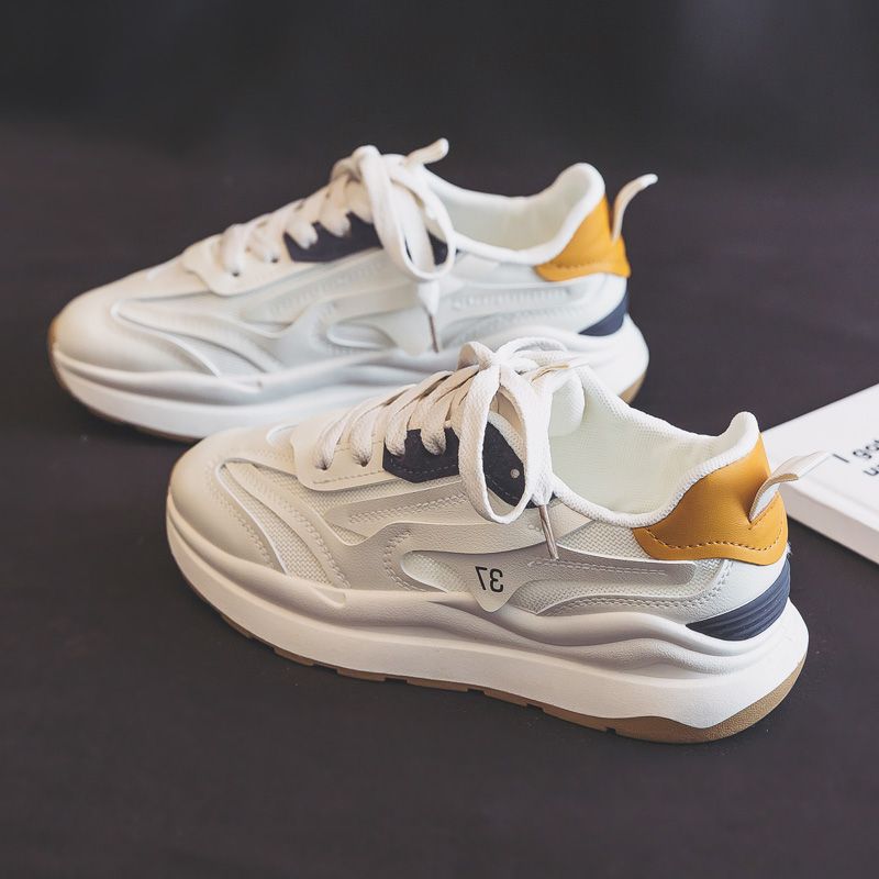 Women Leather Platform Sneakers Autumn Fashion Mesh breathable Anti Slip Thick Bottom Sport Shoes Flats Casual Vulcanized Shoes Flat Bottomed Casual B