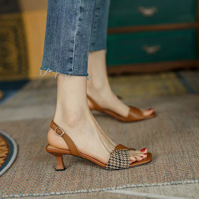 cow Women's leather fabric narrow band buckle thin high heel slip-on open toe sandals elegant ladies daily dress heeled shoes cb67 ed