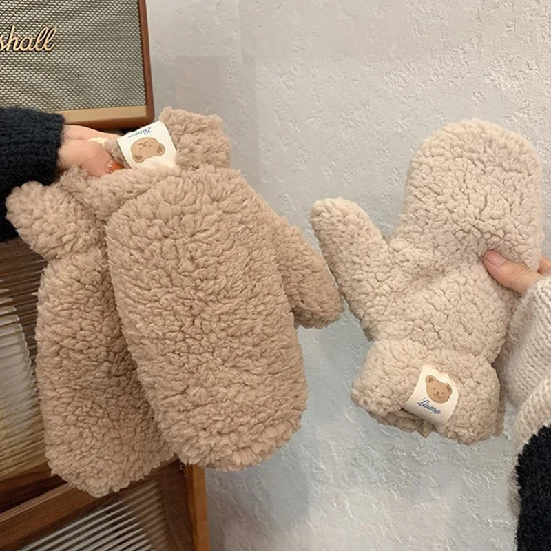 Plush Warm Gloves Soft Winter Thick Fingerless Korean Japanese Bear Gloves With Ropes Casual Outdoor Riding Mittens Warm 250717