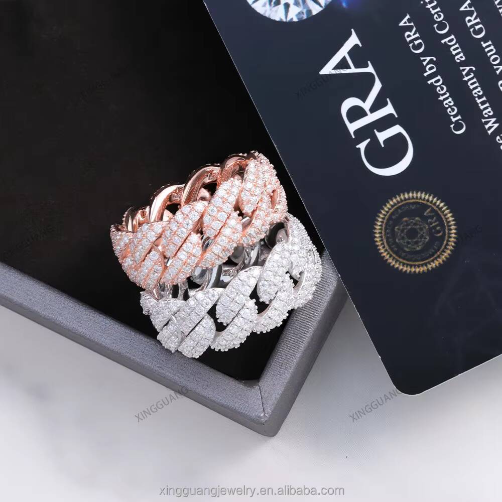 XingGuang Moissanite Cuban Ring Cross 925 Solid Silver Pass Diamond Test VVS Mossanite Hip Hop Mens Moissanite Cuban Link Ring