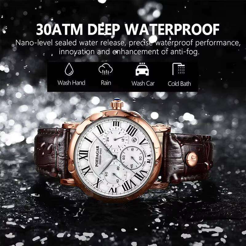DHwatches Men's Ultra-Thin Leather Strap Watch - Multifunction Chronograph, Date Display, 50M Waterproof, Sapphire Crystal, Casual Quartz Watch