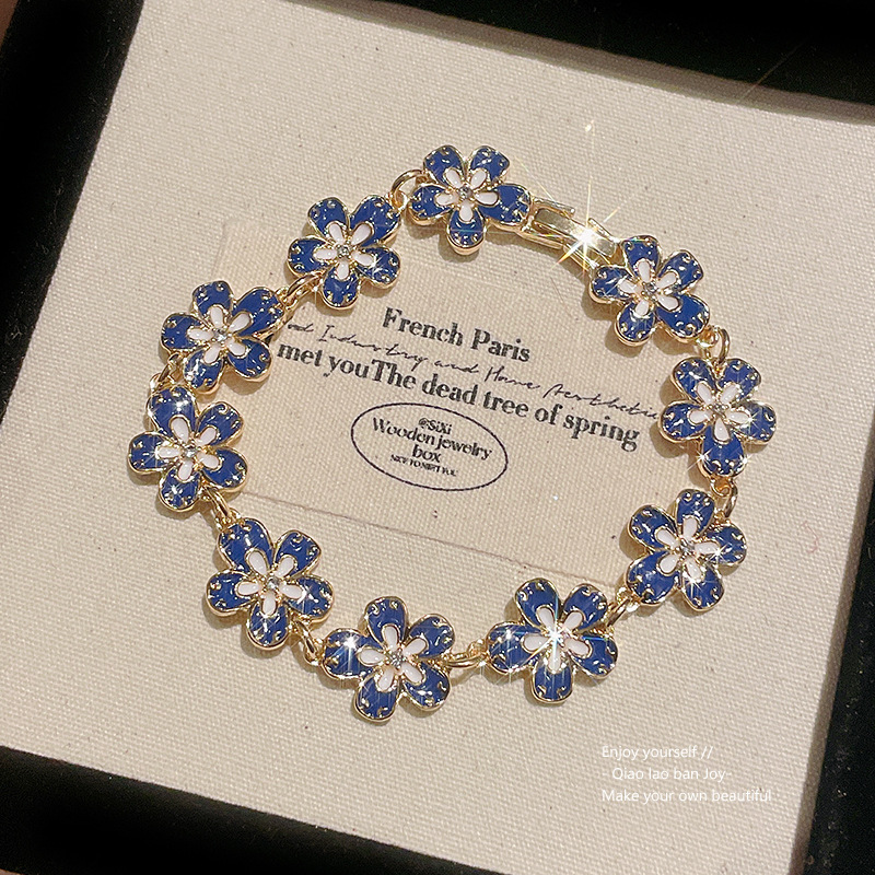 Gold - Tone Blue Flower - Shaped Bracelet With Enamel And Crystal Accents Elegant Party Jewelry And Gift For Her High Quality And Charming Jewelry