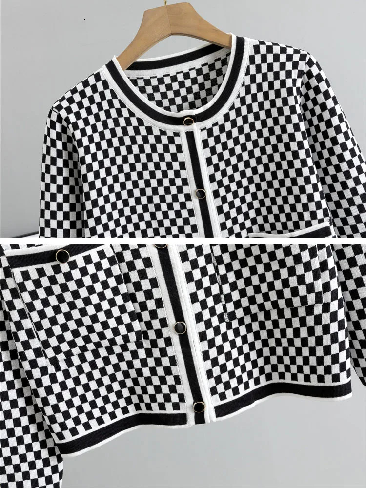 Plaid n Knitted 2 Piece Sets Women Single Breasted Knit Sweater Cardigan Tops Conjuntos High Waist Wide Leg Pants Outfit 250721