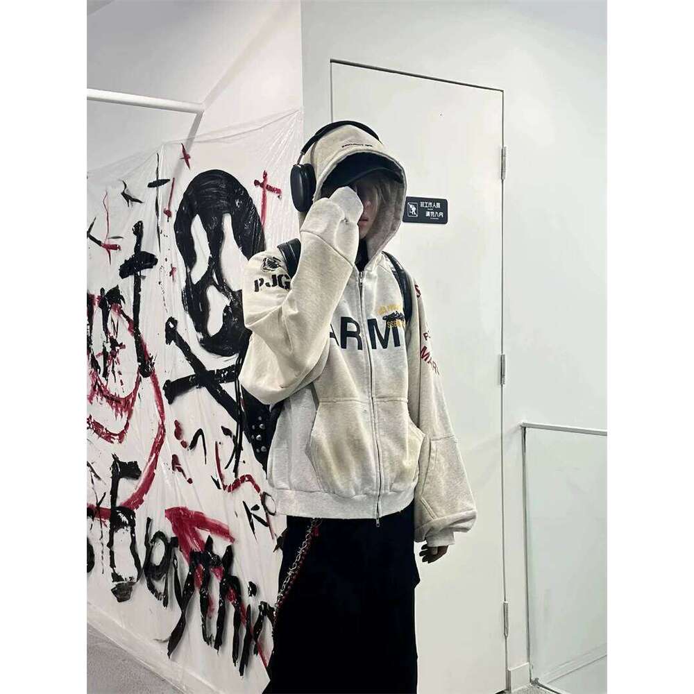 hoodie Stain Fake Two Pieces Project Hole Damage Zip Up Hoodies Men Women Vintage Distress Badge Print Sweatshirts Loose Jacket jacket