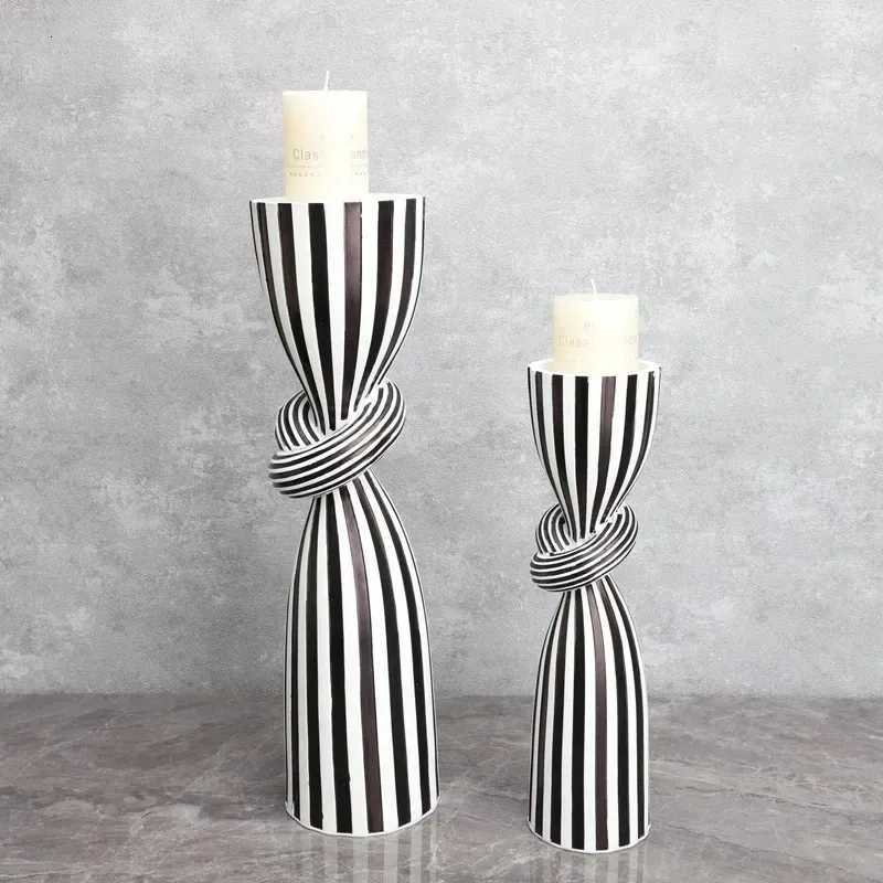 Black and White Striped Twisted Rope Knot Single Candle Holder Resin Dining Table Wedding Center Decoration Modern Decoration W250721