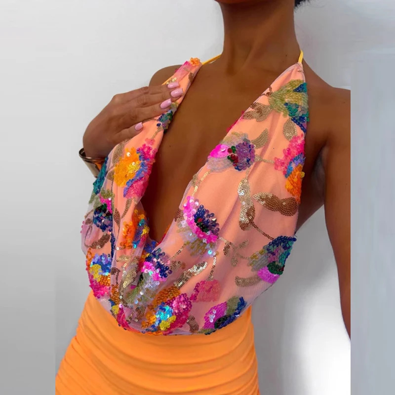 Casual Beach Vacation 2 Piece Set Women Sleeveless Backless Hollow Suit Sexy Swinging Collar Sequin Tank Top Mini Skirt Outfit 250714