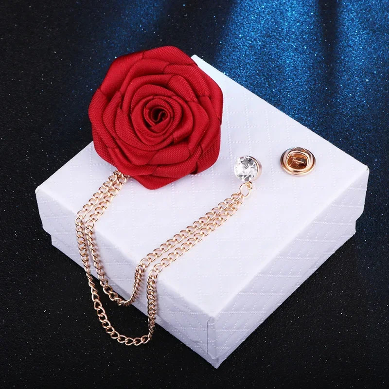 Korean Bridegroom Wedding Brooches Cloth Art Hand-made Rose Flower Brooch Lapel Pin Badge Tassel Chain Mens Suit Accessories 250715