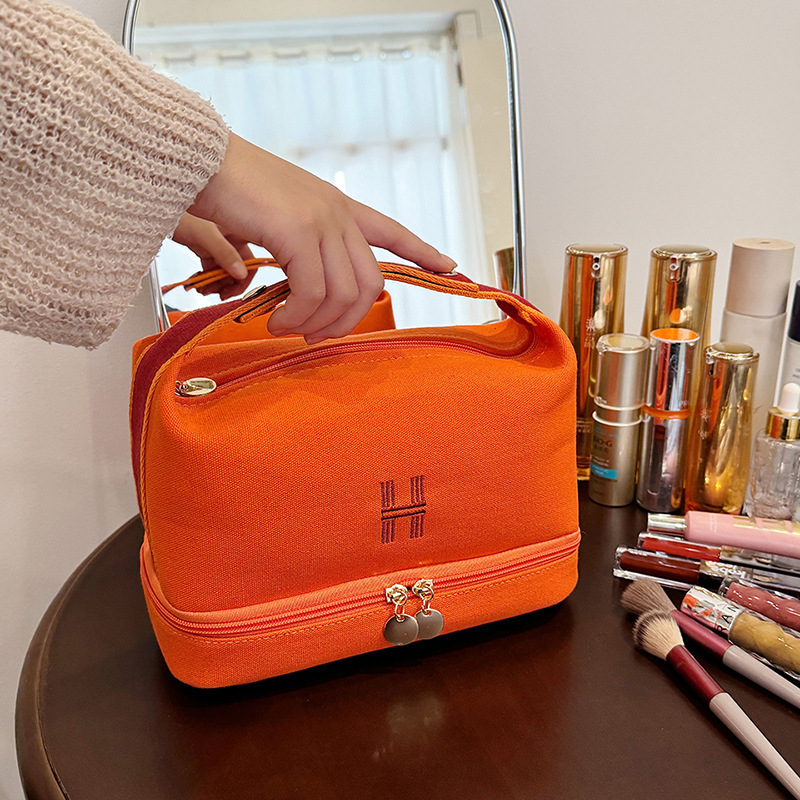 cosmetic bag designer high quality Canvas Makeup Toiletry Bag - Double Layer Large Capacity Cosmetic Organizer, Portable Travel Wash Bag with Handles