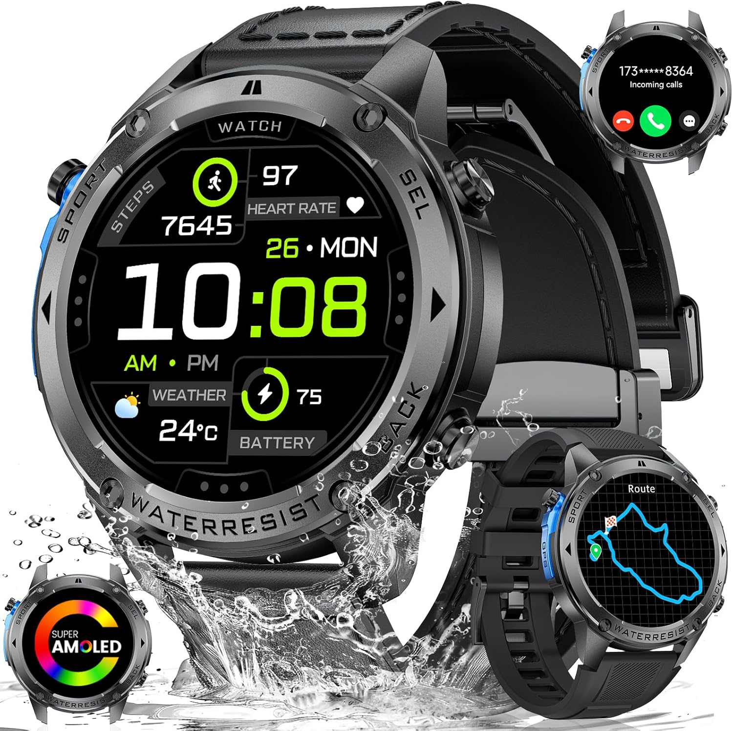 Lige GPS Military Smartwatch for Men Compass smartwatch with calling 170+ sports modes fitness tracker watch 1.43" AMOLED Rugged smartwatch for A