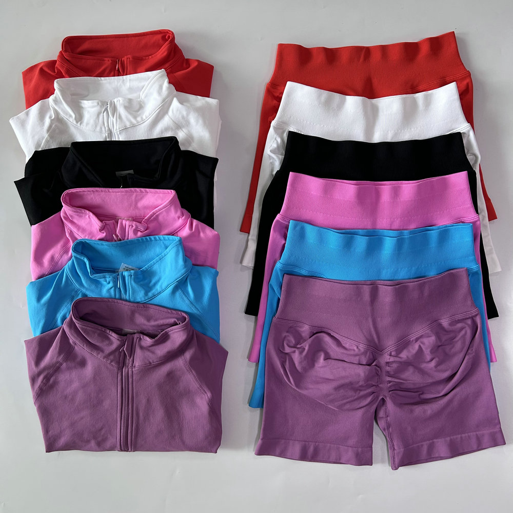 2pcs Sport Sets Long Sleeve Jacket Yoga Top With Half Zip Coat Women Push Up Shorts Fiess Suits Seamless Running Workout Set Clothing Activewear